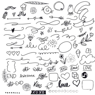 El çizimi karalama, kelimeler ve ok seti