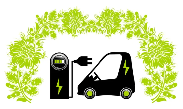Elektromobil elektrické ekologie květ zelený život auta elektronický — Stockový vektor