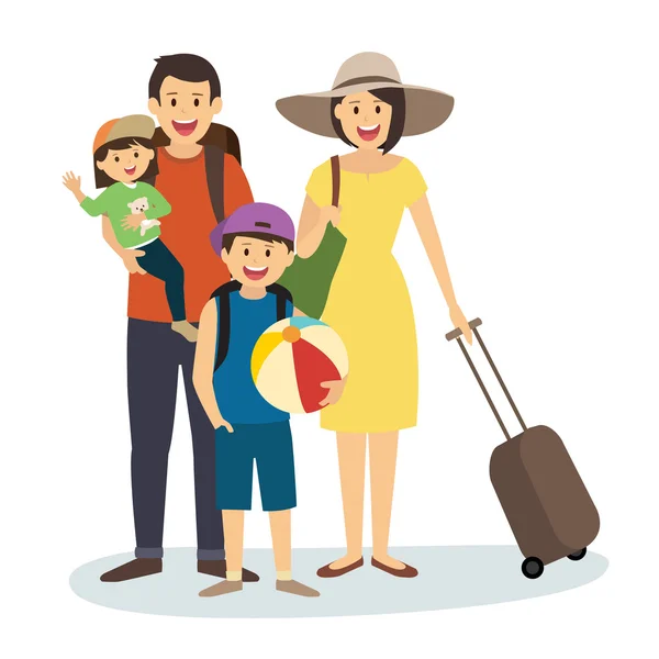 Familia feliz en vacaciones de verano con maleta — Vector de stock