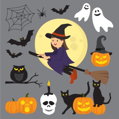 Cadılar Bayramı Icon Set ile A Witch bir çiçek binme 