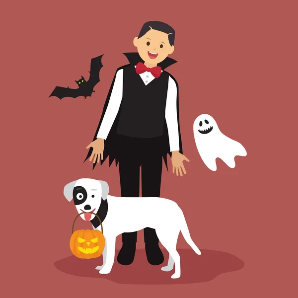 Cadılar Bayramı Dracula kostümleri bir kabak taşıyan beyaz köpekle