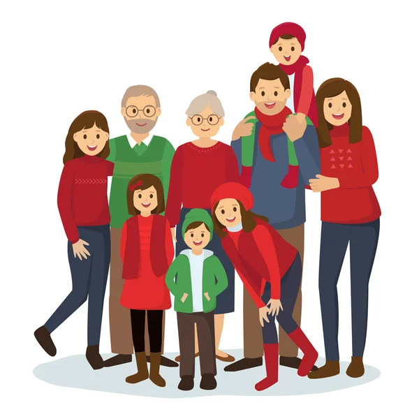 Happy big family in Christmas theme clothes — Stock Vector