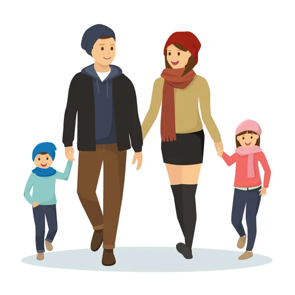 Mutlu aile kış giysileri giyen boyunca yürüyüş
