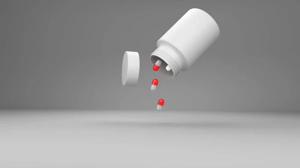 Pilulku láhev na červeném pozadí — Stock fotografie