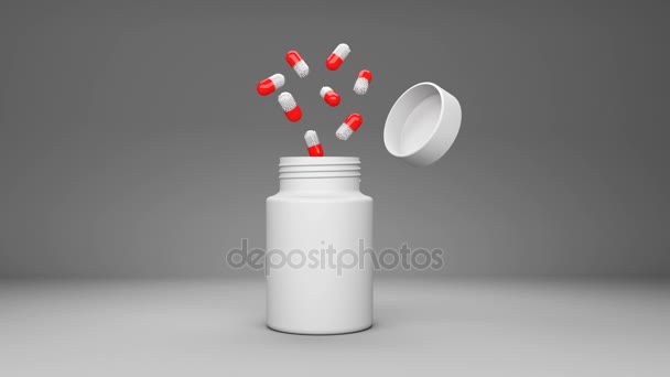 Pills droping from a bottle on greay background animation — Stock Video