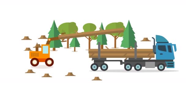 Значок лесного комбайна в круге, плоская анимация на колесах — стоковое видео