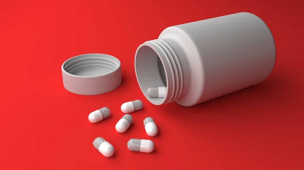 Tablettenflasche auf rotem Hintergrund — Stockfoto