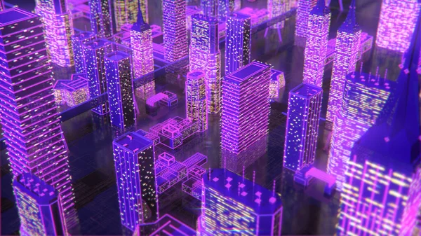 Geleceğin neon arka plan binaları yolları aydınlatır