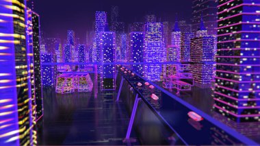Geleceğin neon arka plan binaları yolları aydınlatır