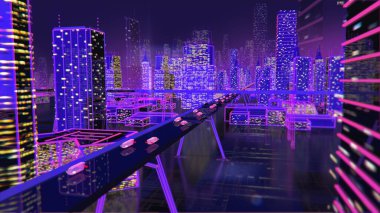 Geleceğin neon arka plan binaları yolları aydınlatır