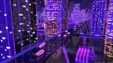 Geleceğin neon arka plan binaları yolları aydınlatır