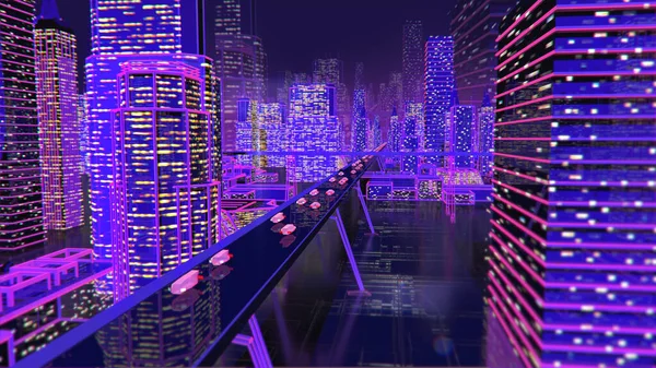 Budoucnost města neon pozadí budovy světla silnice — Stock fotografie