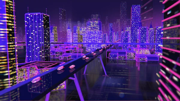 Geleceğin neon arka plan binaları yolları aydınlatır — Stok fotoğraf
