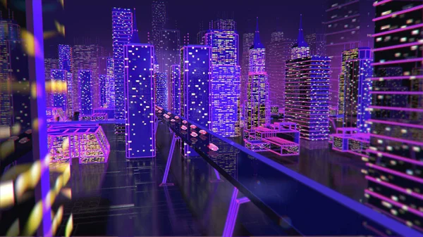 Framtida stad neon bakgrund byggnader ljus vägar Stockfoto
