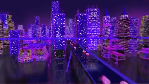미래의 도시 애니메이션 네온 배경 건물 조명 — 비디오