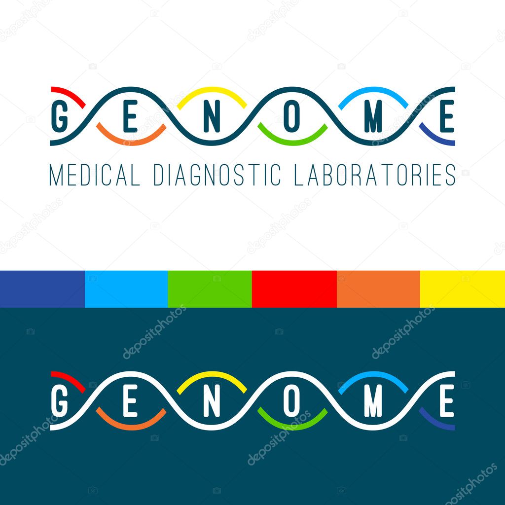 Genome logo of medical clinic diagnostic laboratories. Color vector DNA spiral on white and navy blue background.