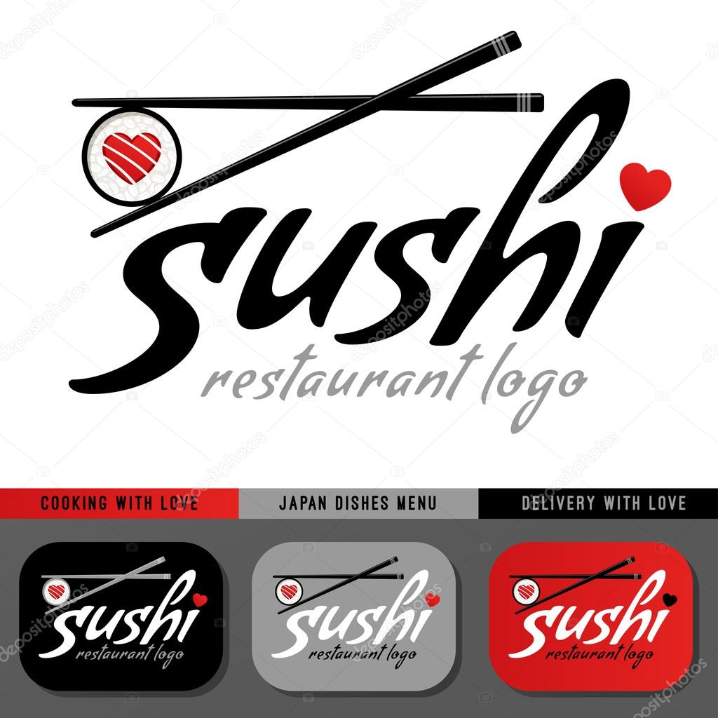 Sushi restaurant logo template. Delivery, cooking  with love, japan dishes menu, flat, roll, japanese chopsticks, heart.