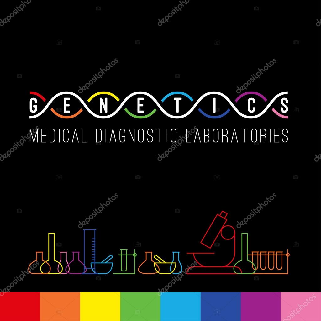 Genetics logo of medical clinic diagnostic laboratories. Colorful vector DNA, bulb, test tubes and microscope.