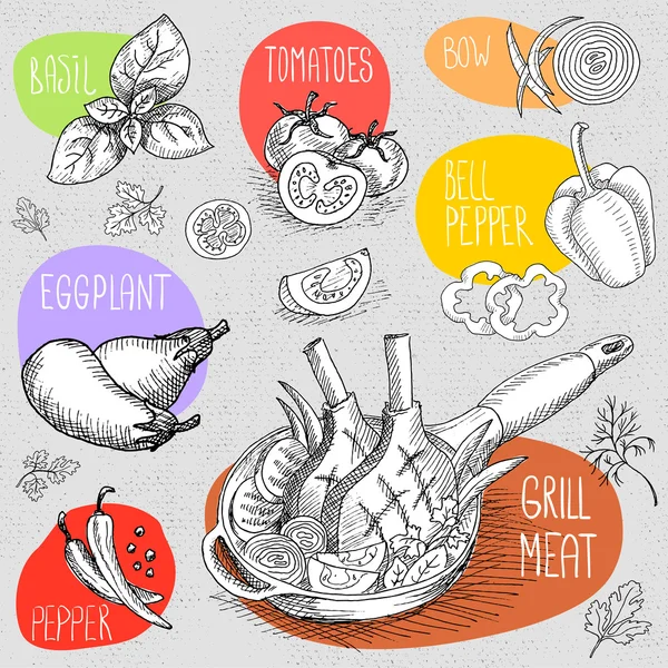 Conjunto de tiza dibujada en una pizarra de alimentos, especias . — Archivo Imágenes Vectoriales