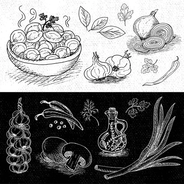 Set of chalk drawn on a blackboard food, spices. — Stock Illustration Set of chalk drawn on a blackboard food, spices. Royalty Free Stock Vectors