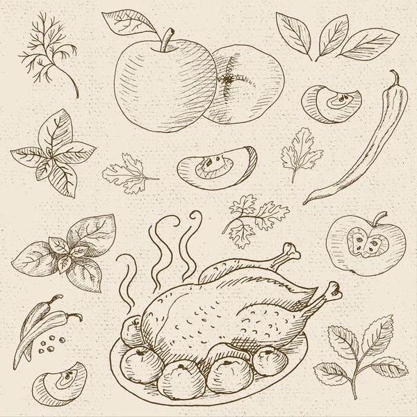 Serie di gesso disegnato su un cibo di lavagna, spezie . — Vettoriale Stock