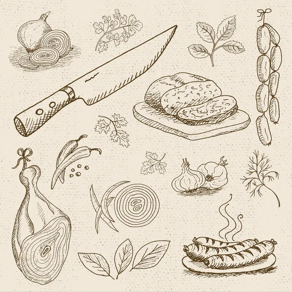 Ensemble de craie dessinée sur un tableau noir nourriture, épices . — Image vectorielle
