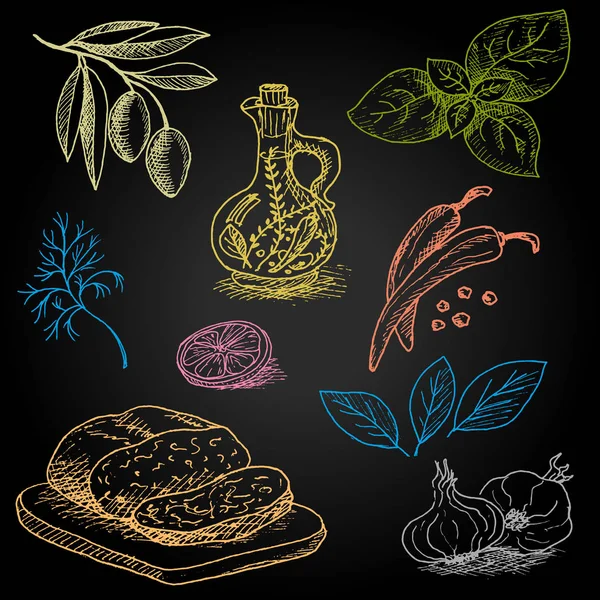 Serie di gesso a colori disegnato su un cibo di lavagna, spezie . — Vettoriale Stock