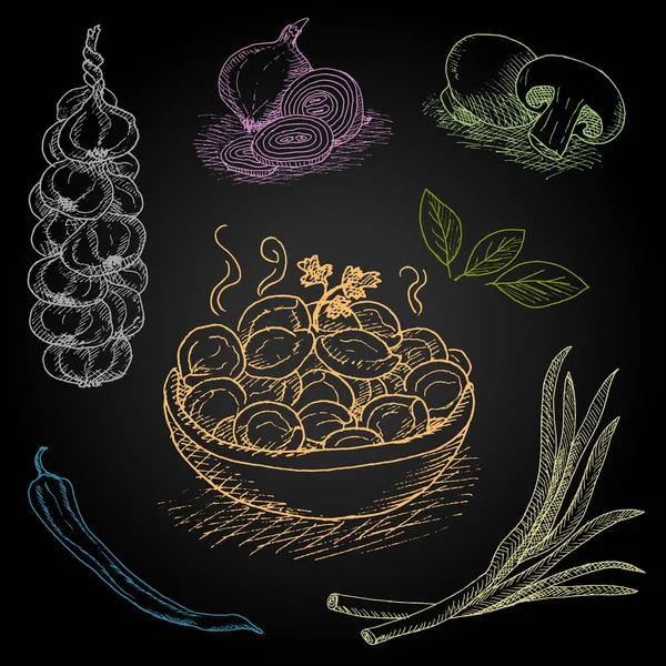 Serie di gesso a colori disegnato su un cibo di lavagna, spezie . — Vettoriale Stock