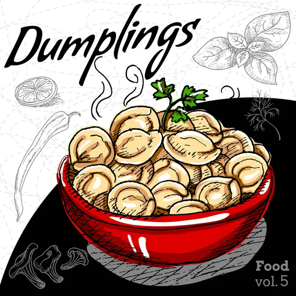 Hot Dumplings in red plate. — Stock Vector