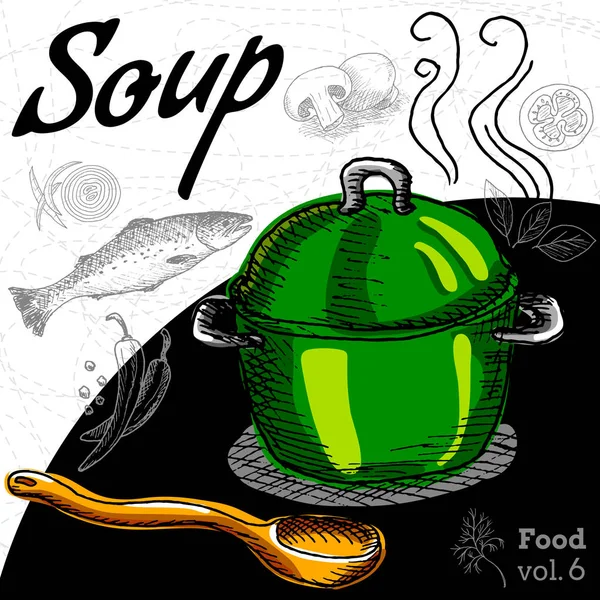 Ζεστή σούπα σε ένα πράσινο δοχείο με ξύλινο κουτάλι. — Διανυσματικό Αρχείο