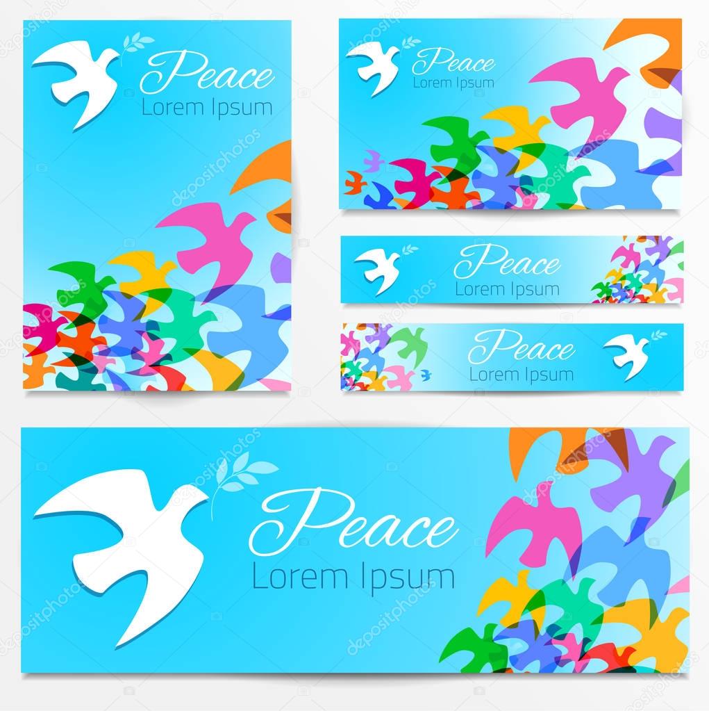 Colorful doves silhouettes White dove, olive branch. Symbol of peace. Logo, poster, banners template. Vector illustration.
