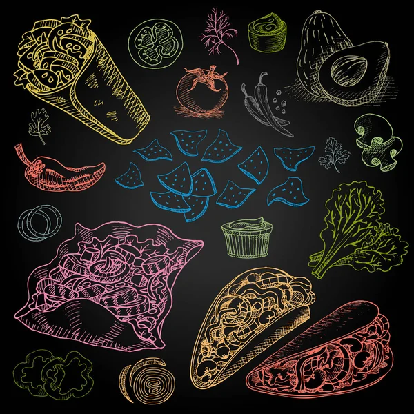 Набір кольорових крейди намальованих на дошці їжі — стоковий вектор