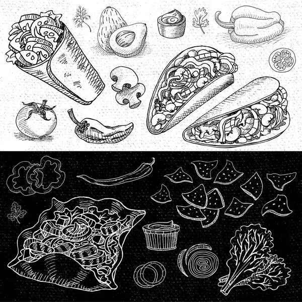 Набор цветной мелом нарисованные продукты питания, специи . — стоковый вектор