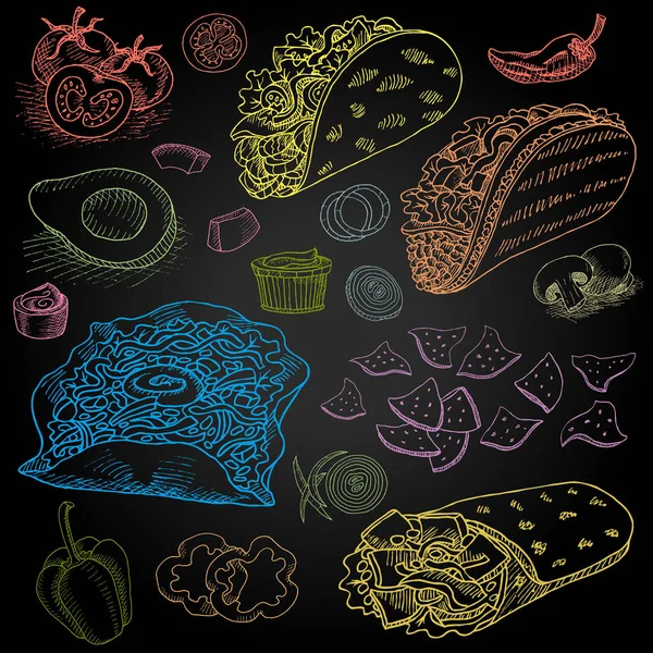 Set di colore gesso disegnato cibo, spezie . — Vettoriale Stock