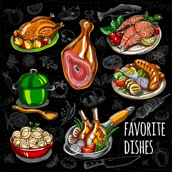 Set croquis de carne, pescado, guarniciones . — Vector de stock