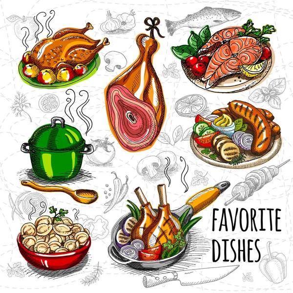 Set croquis de carne, pescado, guarniciones . — Vector de stock