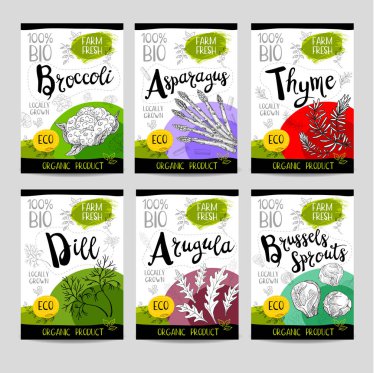 Elle çizilmiş kümesi etiketleri gıda, baharatlar.