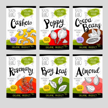 Elle çizilmiş kümesi etiketleri gıda, baharatlar.