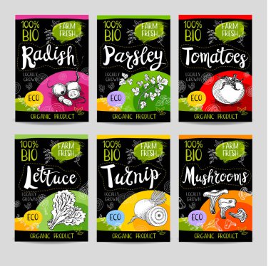 Elle çizilmiş kümesi etiketleri gıda, baharatlar.