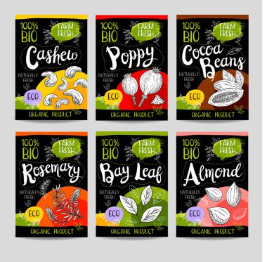 Elle çizilmiş kümesi etiketleri gıda, baharatlar.