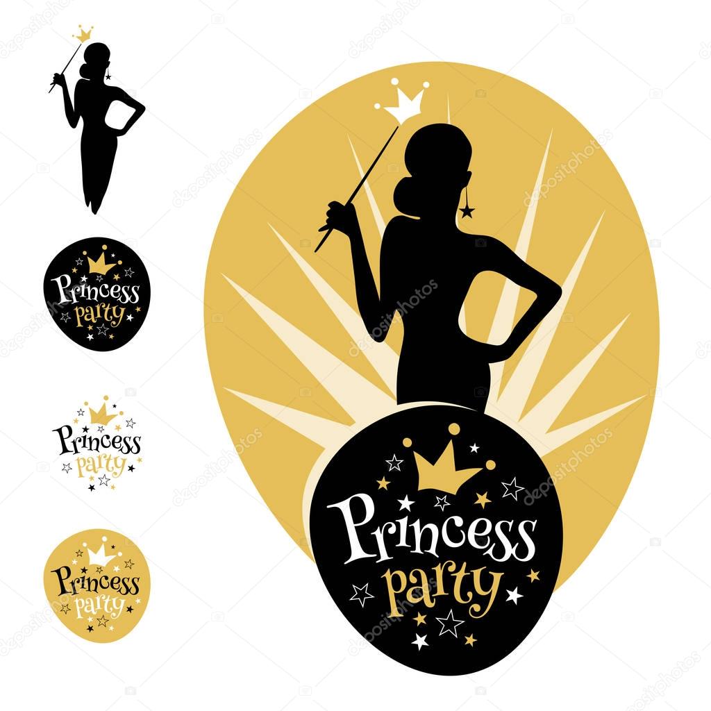 Princess Party logo, emblem, stars, crown, women, silhouette. Gold bridal shower Hen Birthday Girl lettering sign typography. Lettering design. Vector illustration.