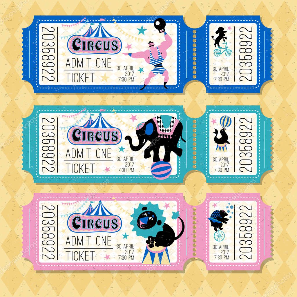 Circus traveling chapiteau retro cartoon tickets. Circus logo tent, trained wild animals performance isolated vector illustration