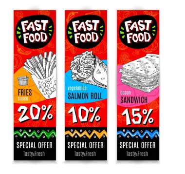Fastfood renkli modern afiş kümesi.