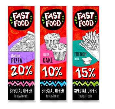 Fastfood renkli modern afiş kümesi.