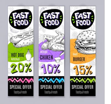 Fastfood renkli modern afiş kümesi.
