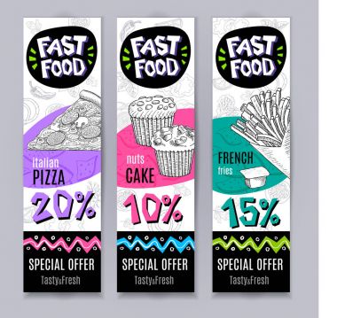 Fastfood renkli modern afiş kümesi.