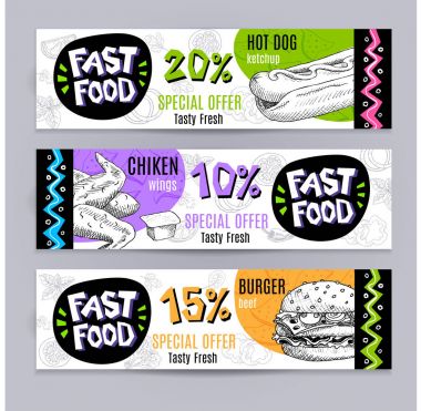 Fastfood renkli modern afiş kümesi.