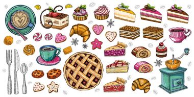 Bakery pastry sweets desserts objects collection shop cafe poste clipart