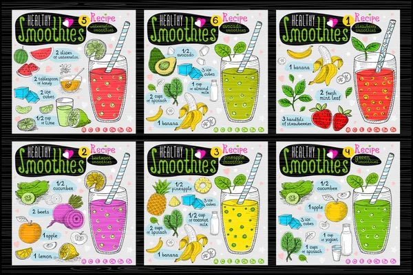 Frisk smoothie recept set. Hand dras vektorillustration sk — Stock vektor