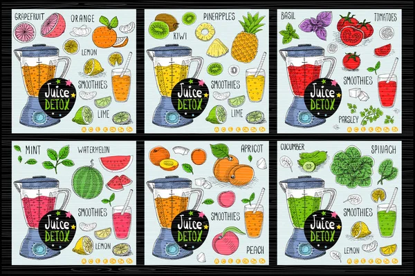 Jugo saludable desintoxicación smoothie receptores conjunto. Mano dibujado vector enfermo — Archivo Imágenes Vectoriales